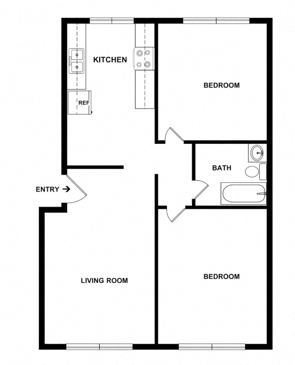 Floor plan for 2 beds, 1 bath, 763 sqft